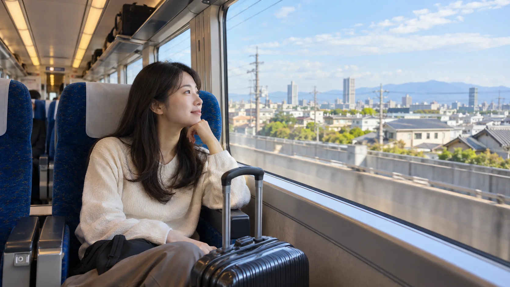 캐리어를 둔 여행객이 공항 열차 좌석에 앉아 있는 생성 이미지